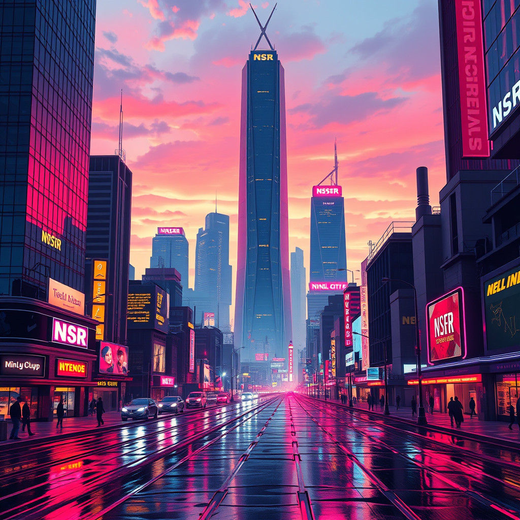 Futuristic Cityscape at Dusk in Cyberpunk Style