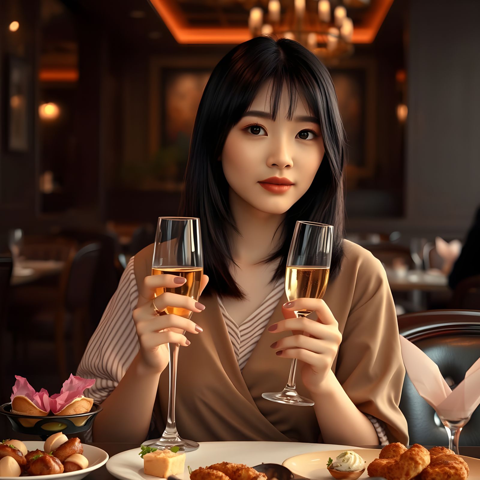 Elegant Woman with Champagne in Opulent Restaurant