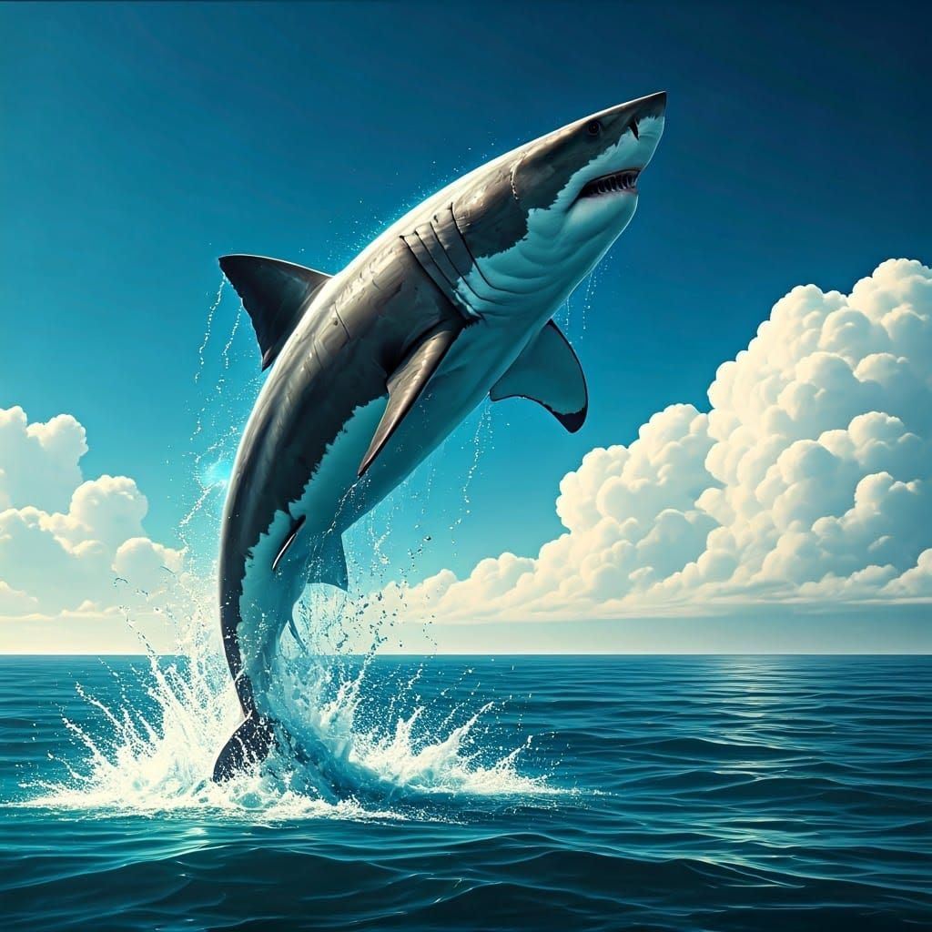 Majestic Great White Shark Leaps into the Sky in Fantasy Con...
