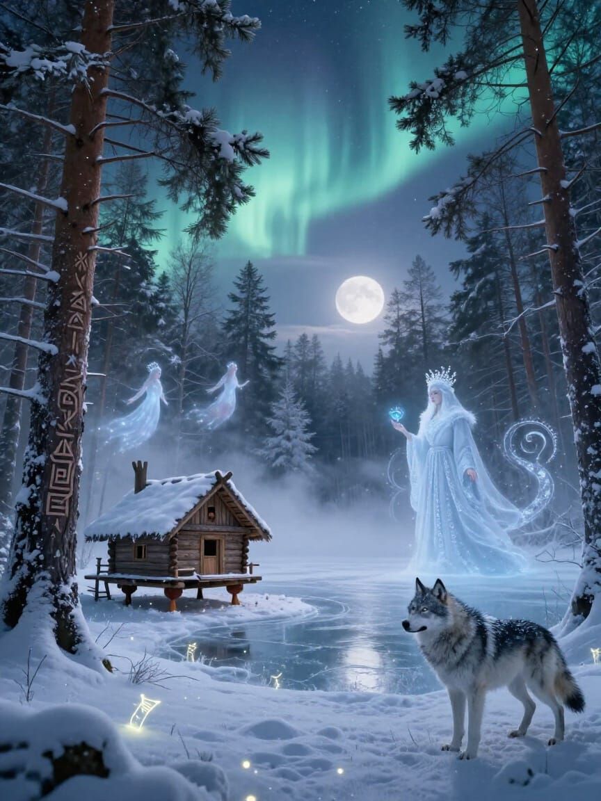 Slavic Winter Dreamland with Baba Yaga and Runes