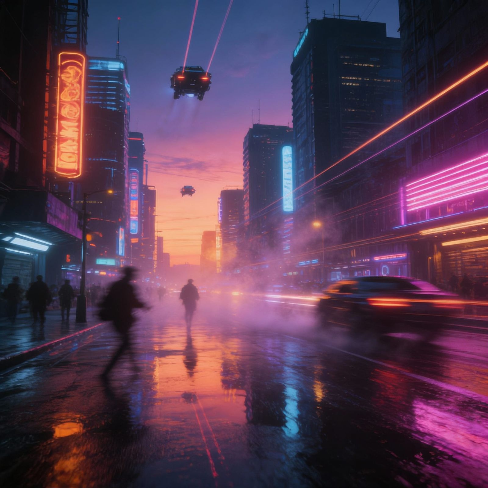 Cyberpunk Cityscape at Twilight with Neon Lights and Flying ...