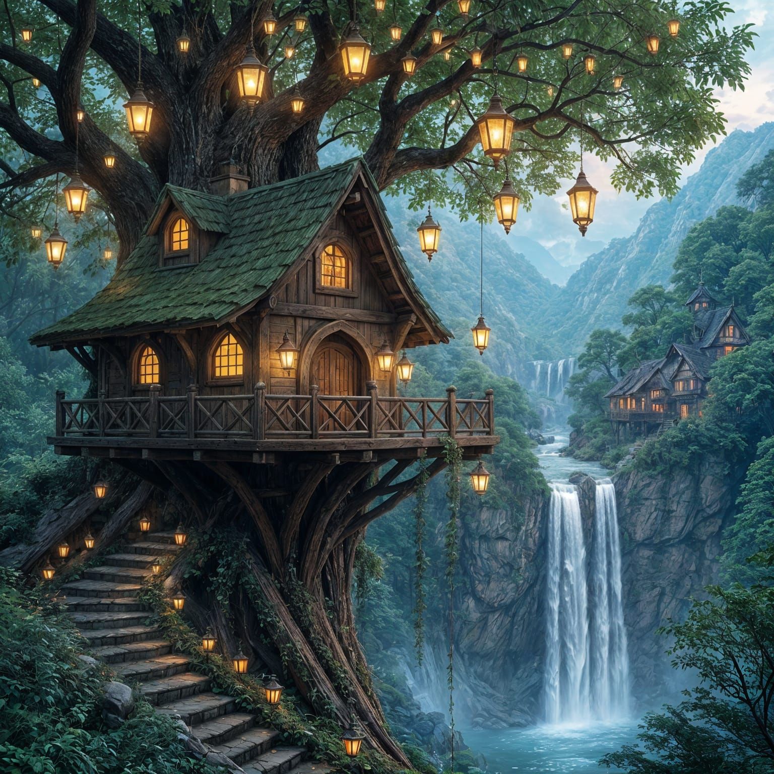 Elven Village with Fairy Lights and Lanterns