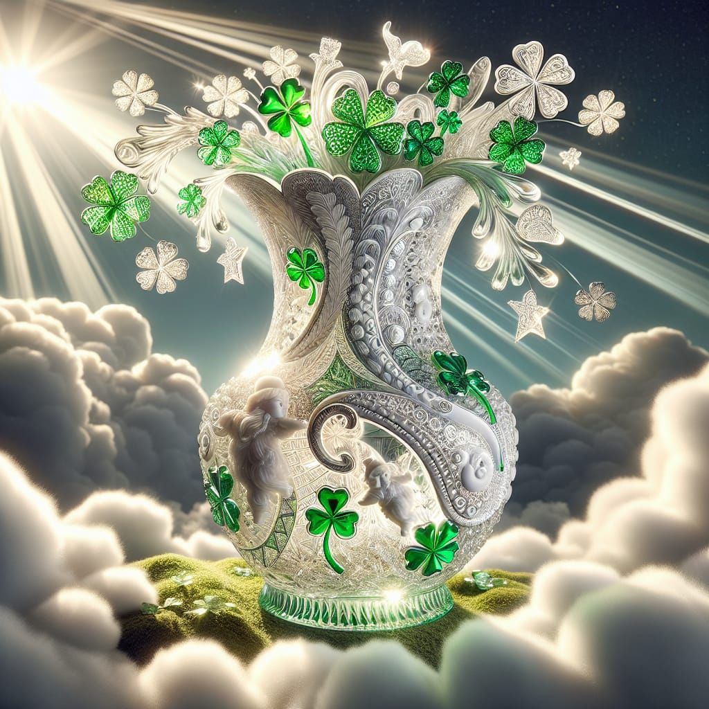 Ornate Crystal Vase with Leprechauns and Shamrocks