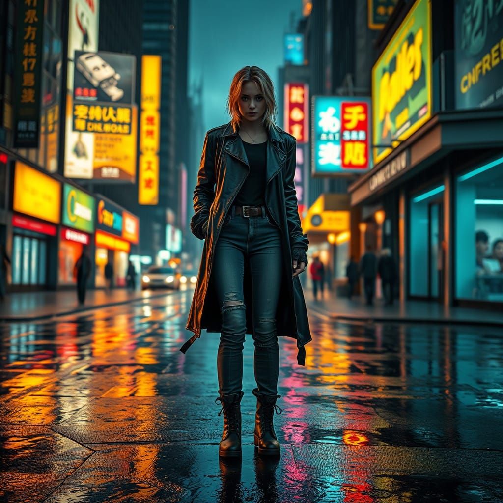 Gritty Cyberpunk Protagonist in a Rainy Cityscape