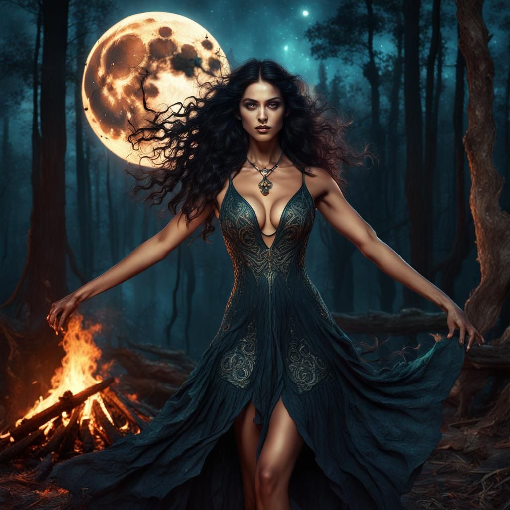 Nature Witch Dancing Under the Moon in Fantasy Art