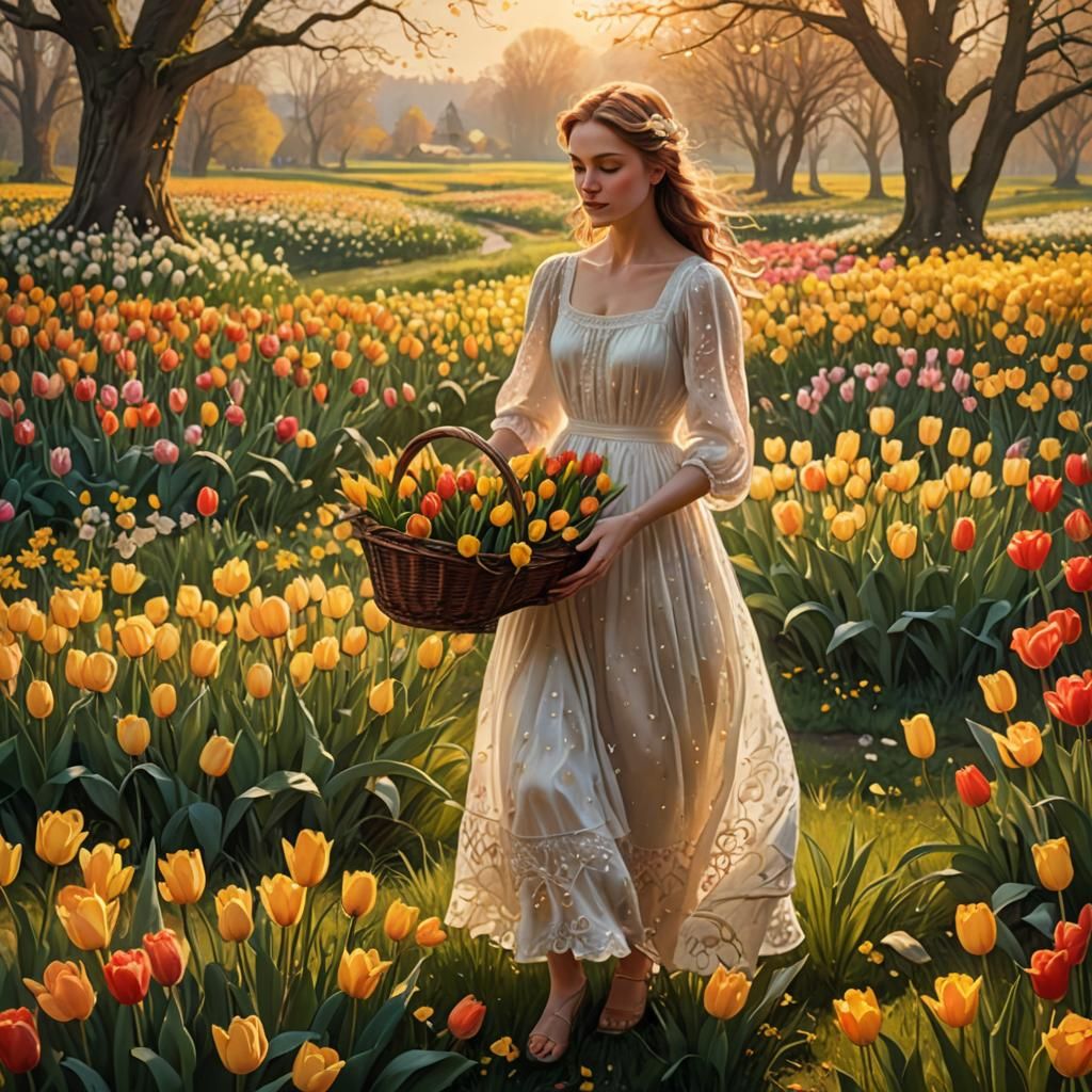 Girl Picking Flowers in Dewy Meadow: Matte Painting
