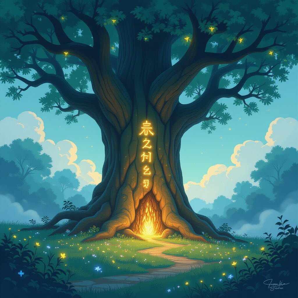 Ancient Rune Tree in Ethereal Meadow