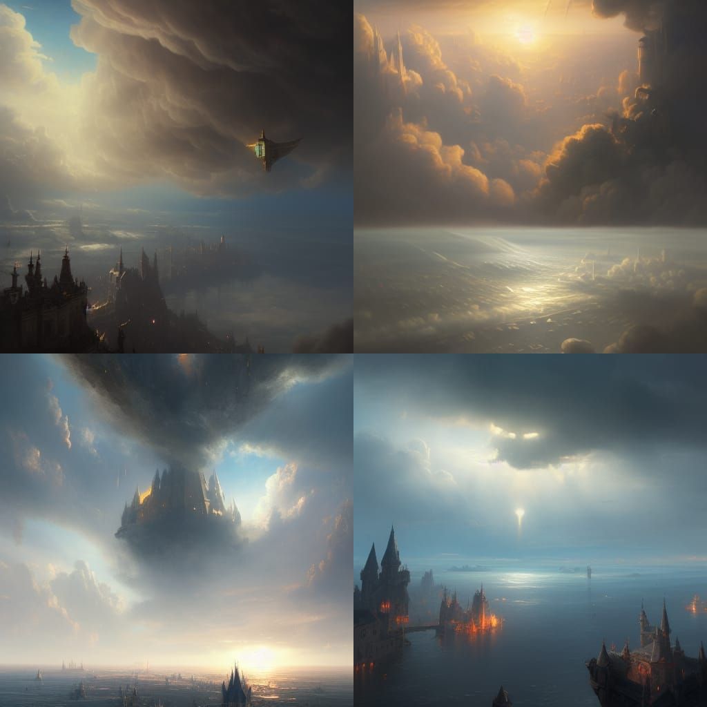 Flying Medieval City Above the Ocean