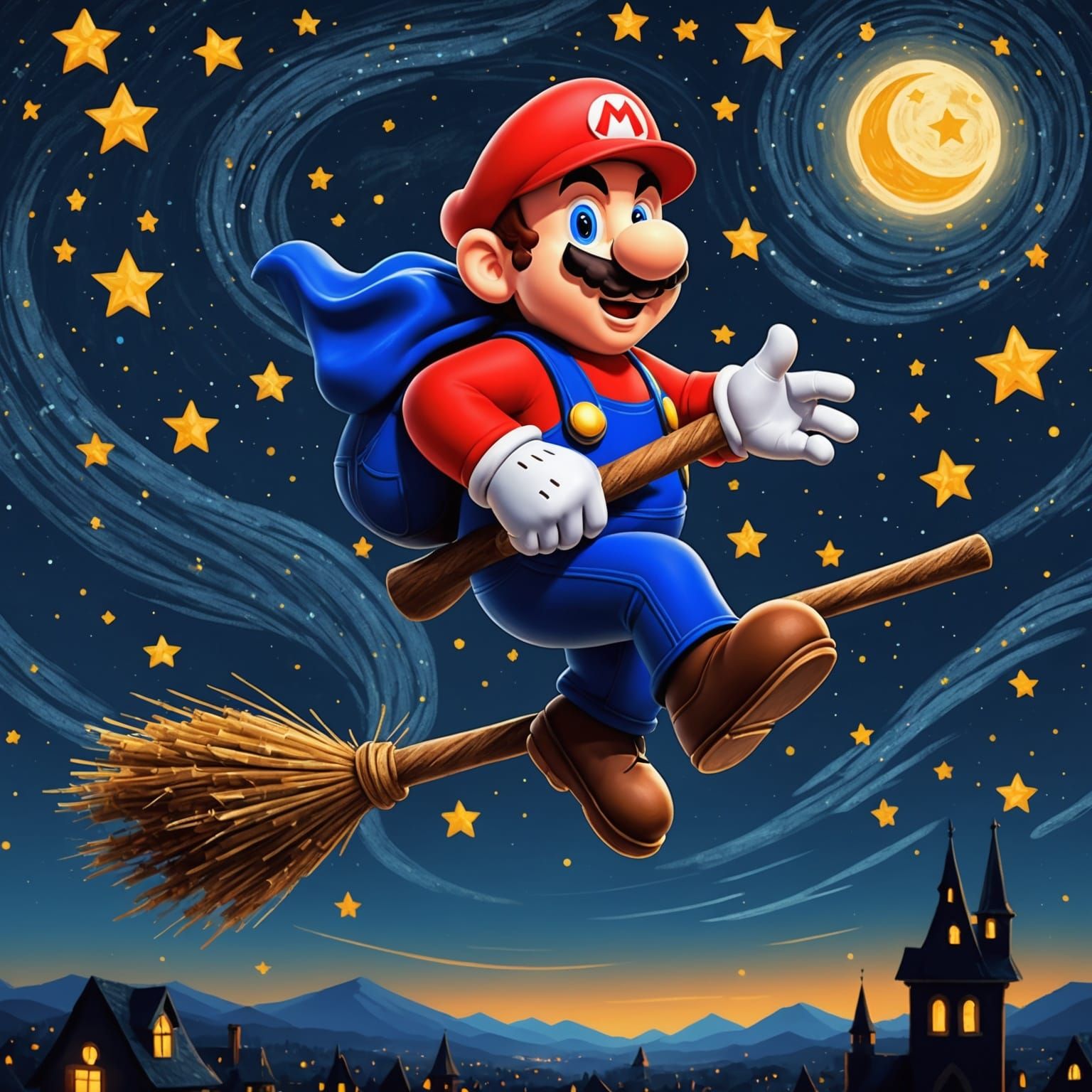 Mario Soars Through Starry Night on Broomstick