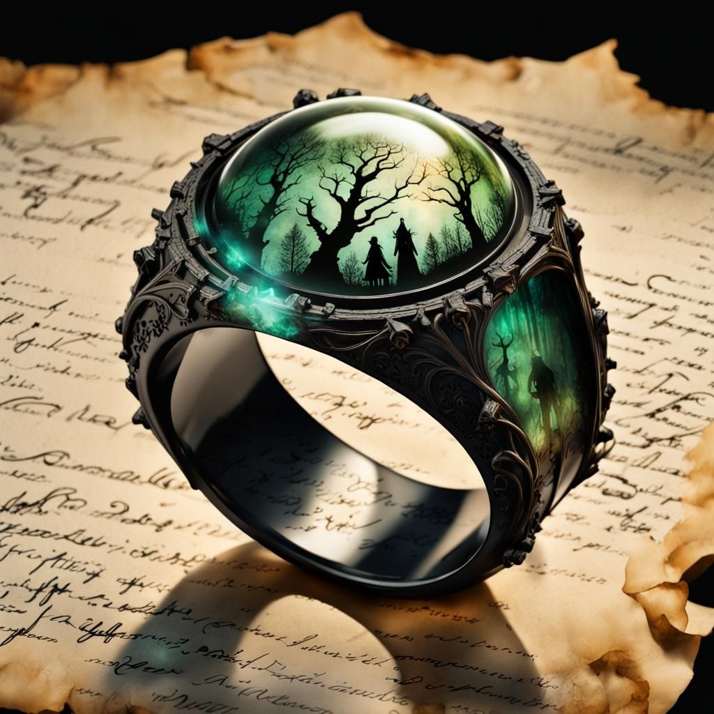 Luminescent Elven Ring on Parchment in Dark Forest