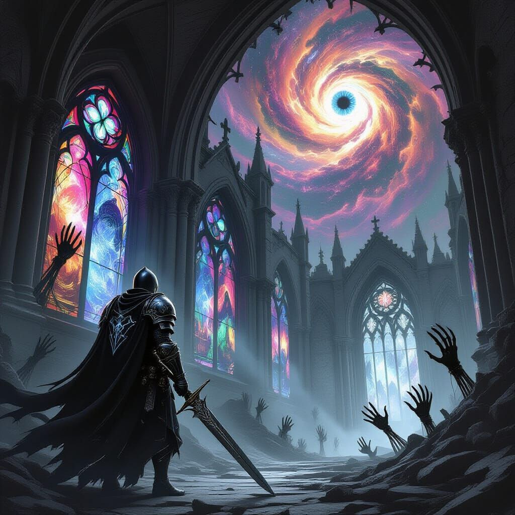 Lone Knight Faces Cosmic Dread in Surreal Cathedral