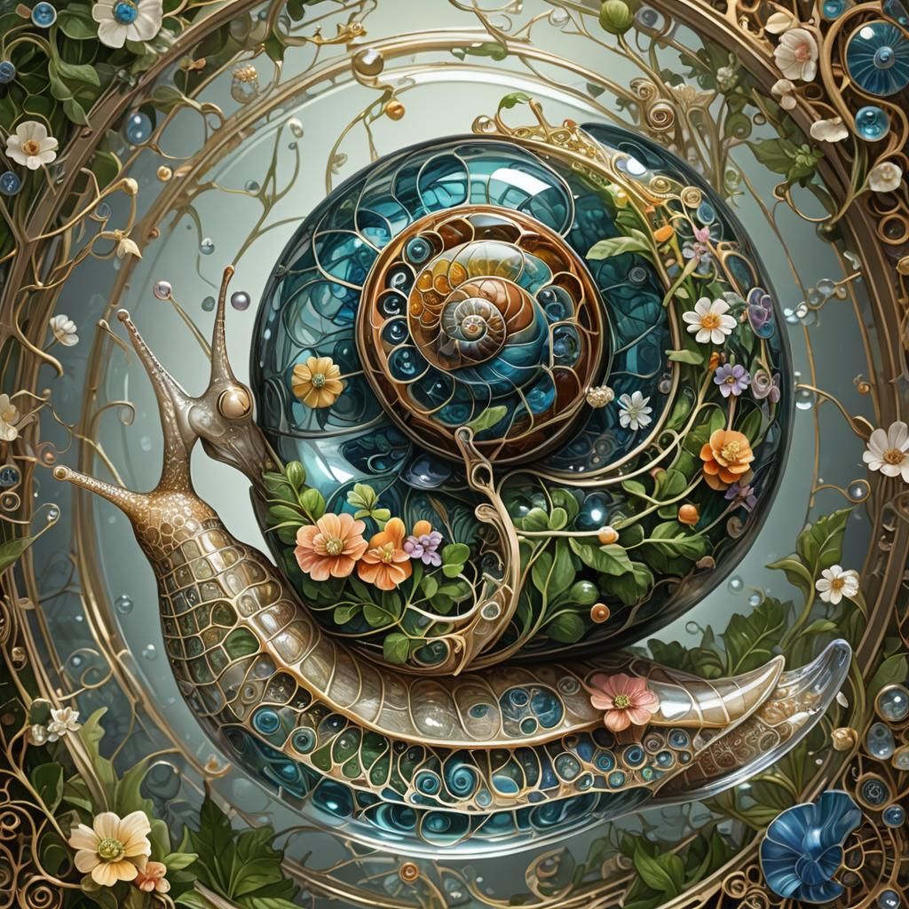 Glass Snail with Fractal Flowers: Art Nouveau Fantasy