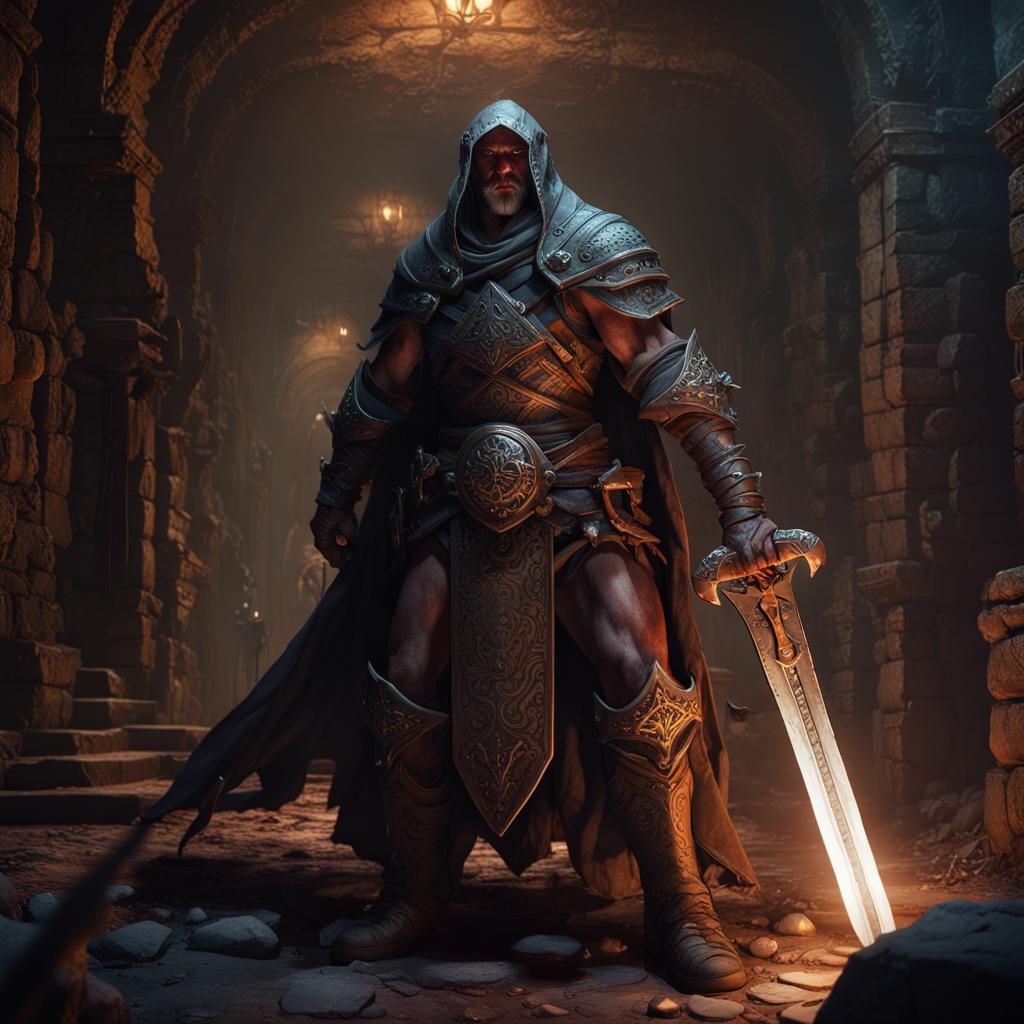 Warrior Confronts Ghouls in Dark Fantasy Dungeon