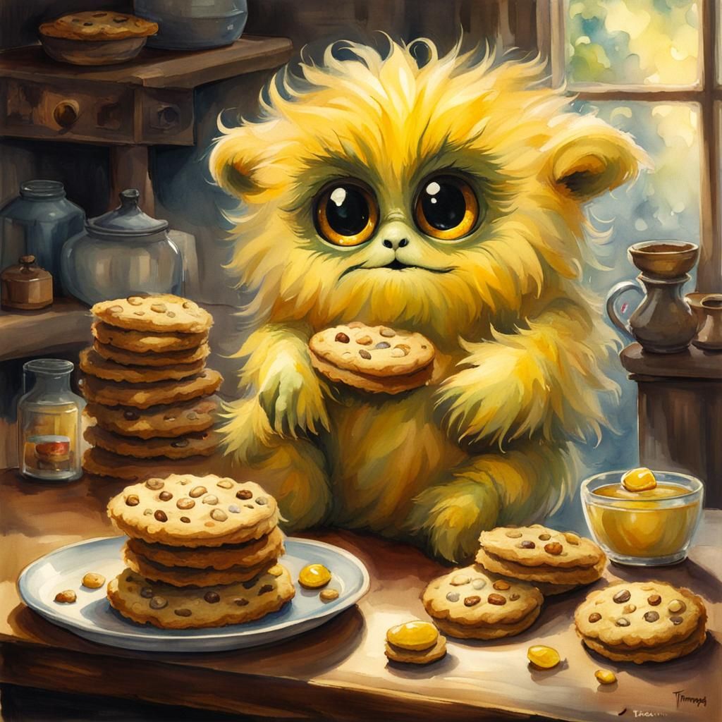 Chibi Monster Cookie Feast in Watercolour Style