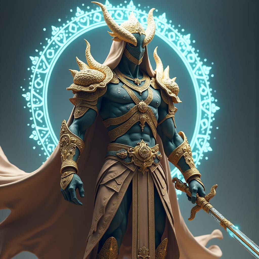 Assassin in Naga-Inspired Divine Armor: 3D Anime Concept Art