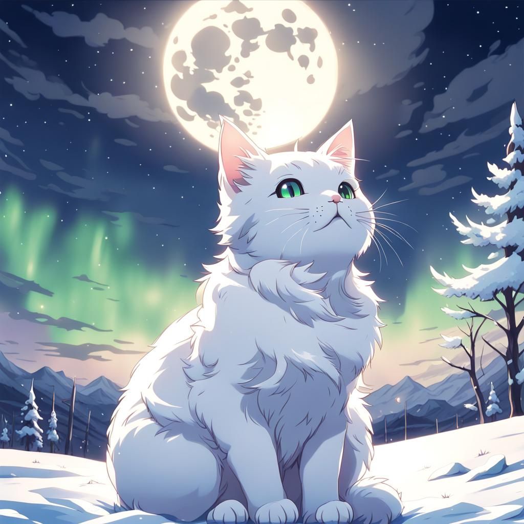 Anime Cat Gazing at Moon and Northern Lights