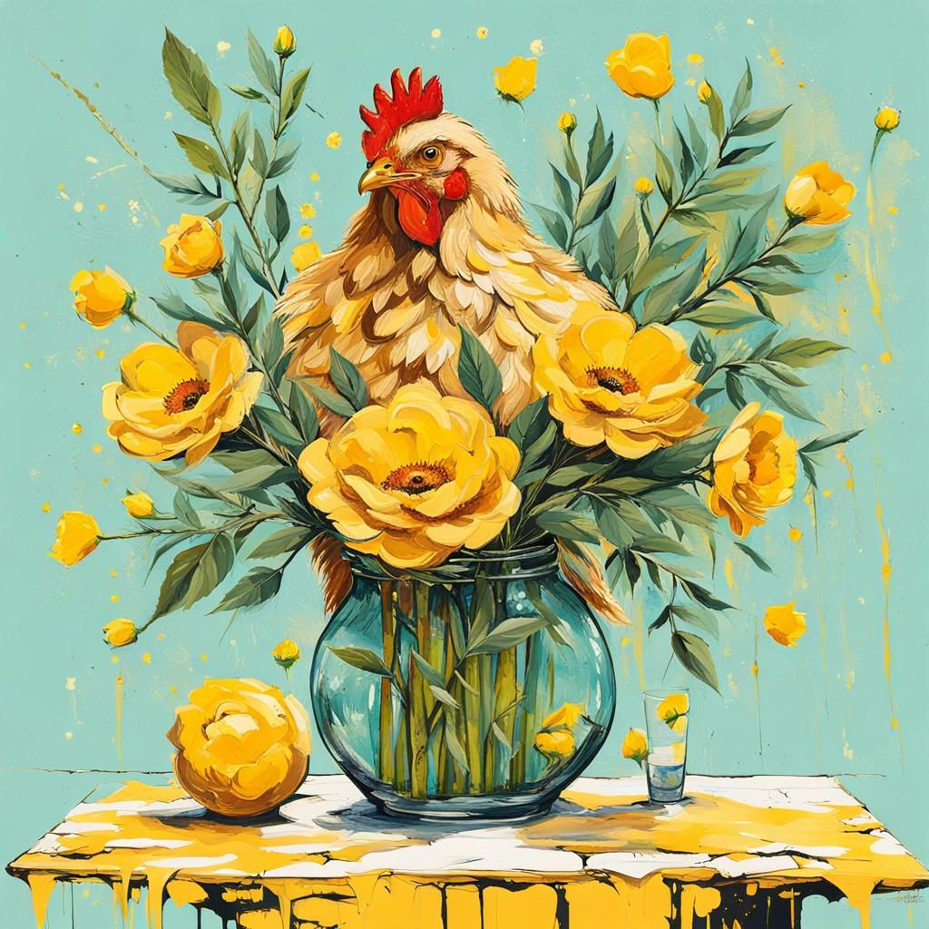 Chicken in Vase: Neon Impasto Mixed Media