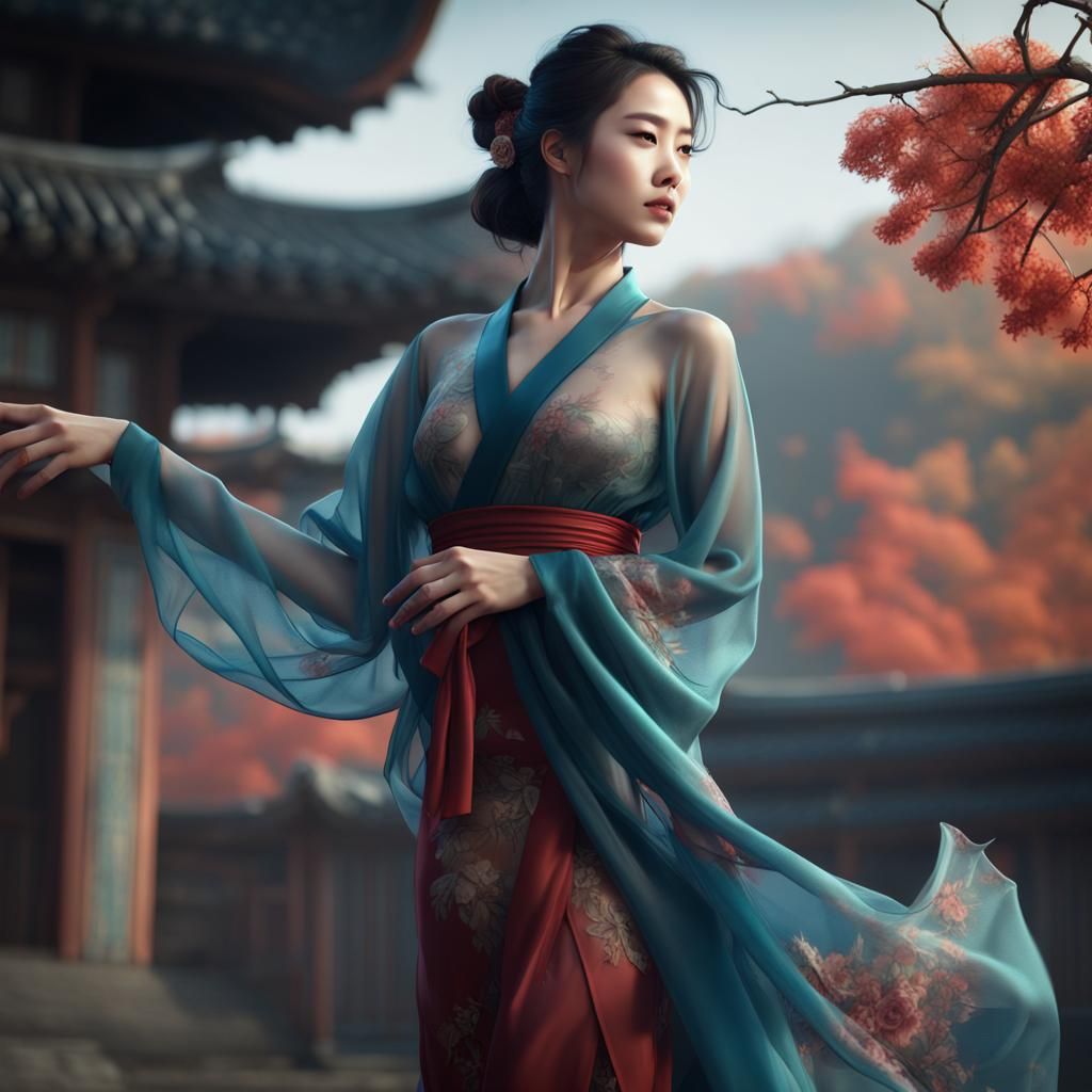 Korean Woman in Silk Robe, Detailed Matte Painting