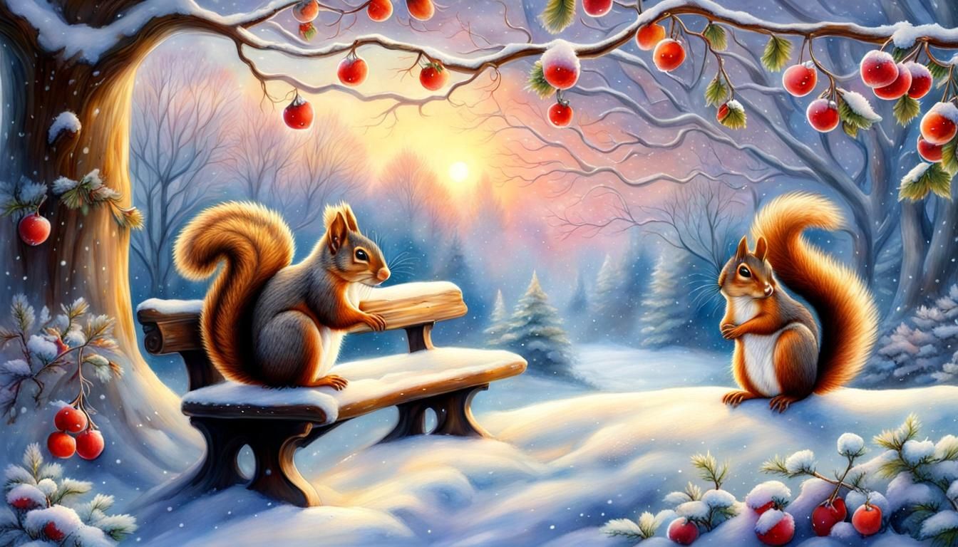 Squirrels Enjoying Winter on a Snowy Bench