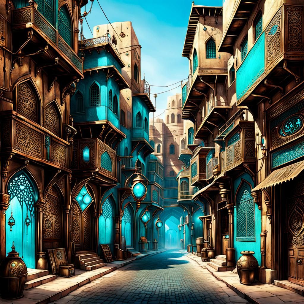 Steampunk Middle Eastern Street with Cyan Jewels