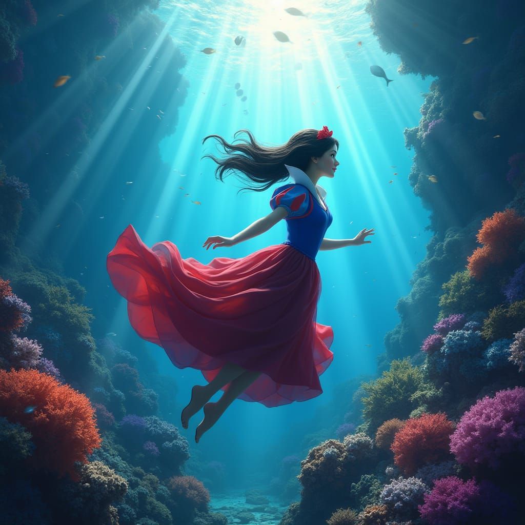 Snow White Swims in a Vibrant Fantasy Ocean
