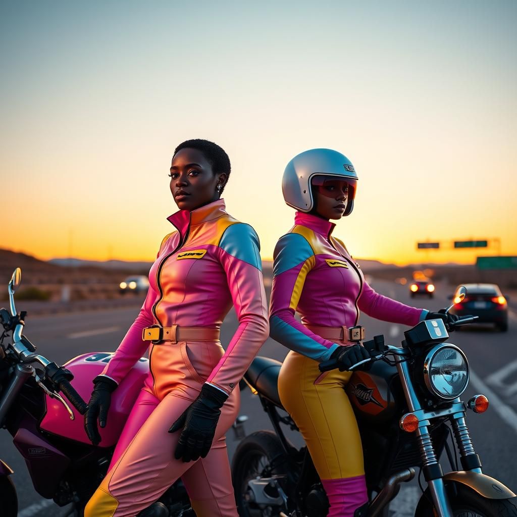 Models in Pastel Leather Motocross Suits