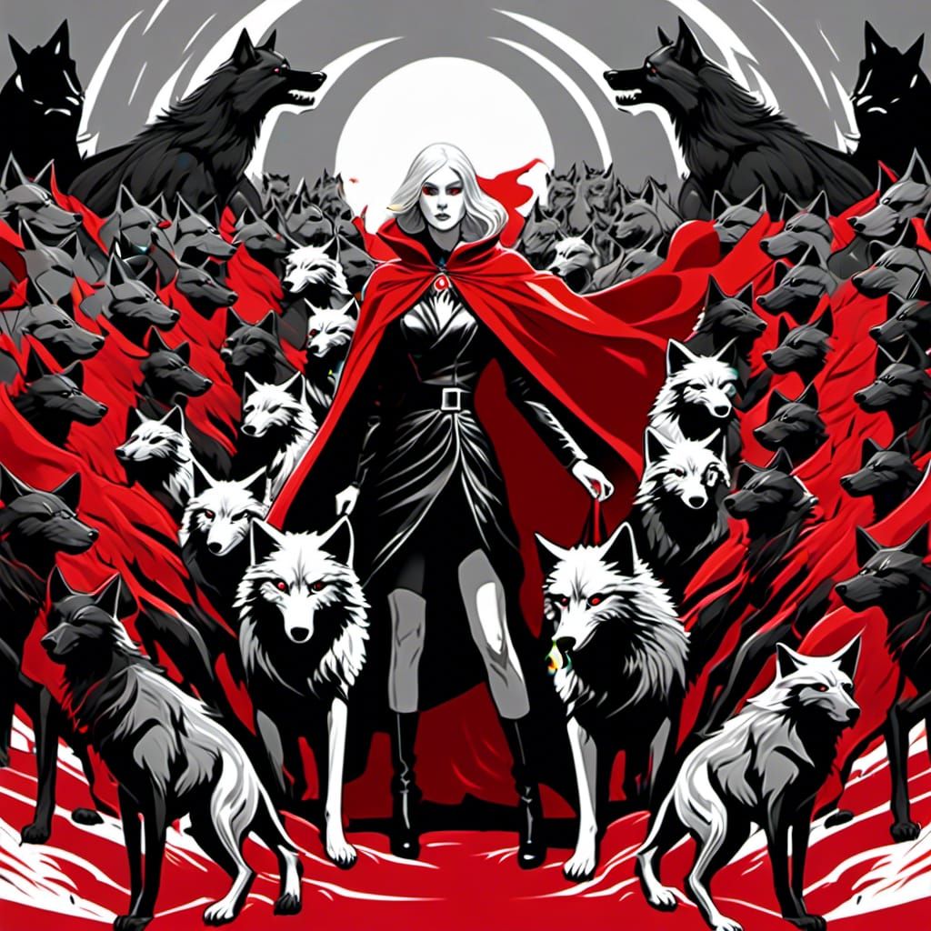 Woman in Red Cape Surrounded by Wolves: Gothic Art