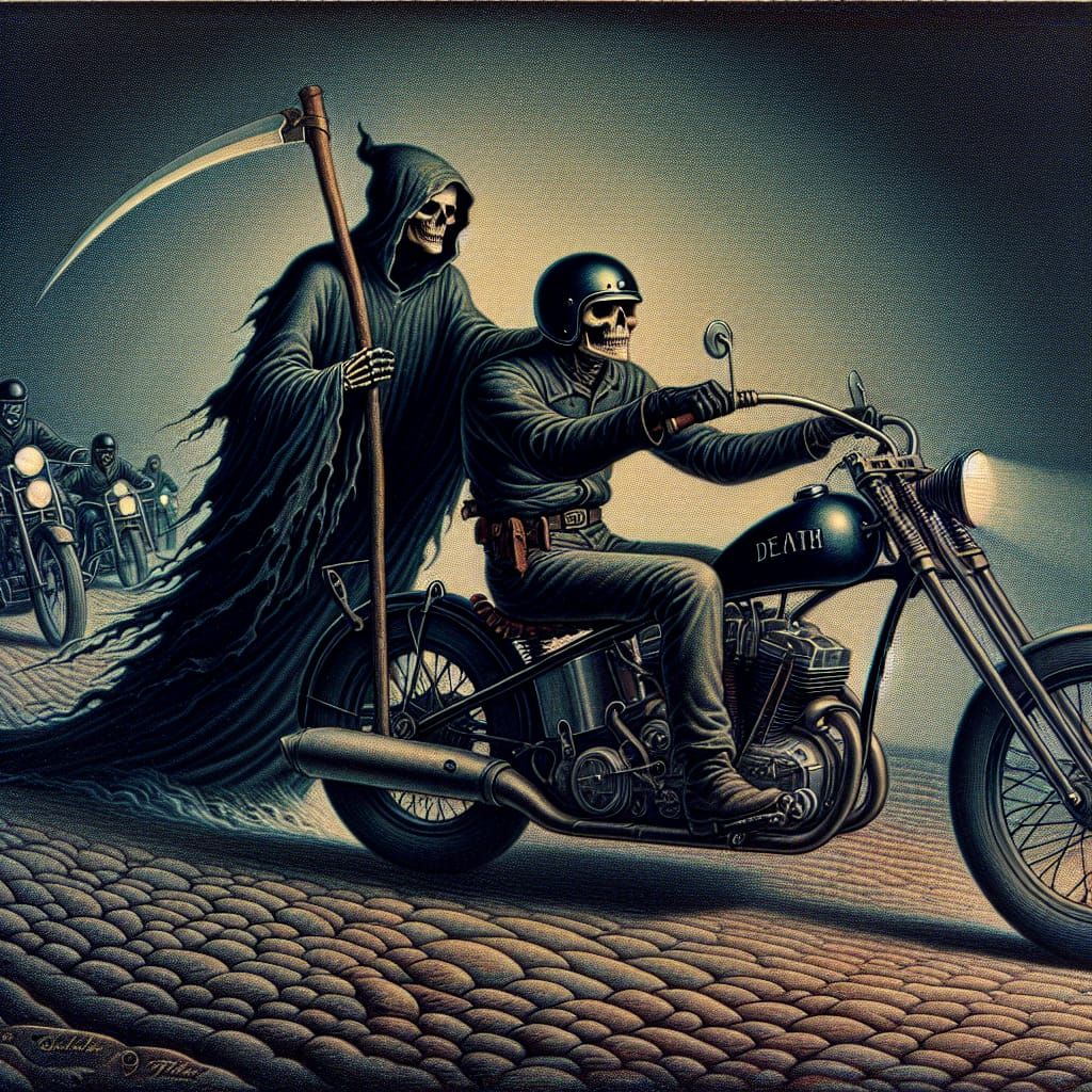 Grim Reaper Rides with Biker: Doré Style