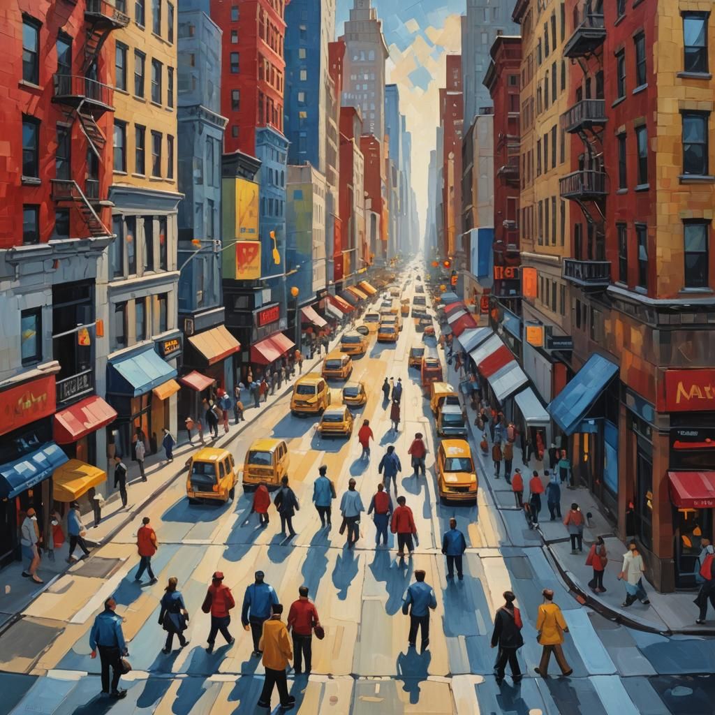 Energetic New York City Street Scene, Neo-Impressionism