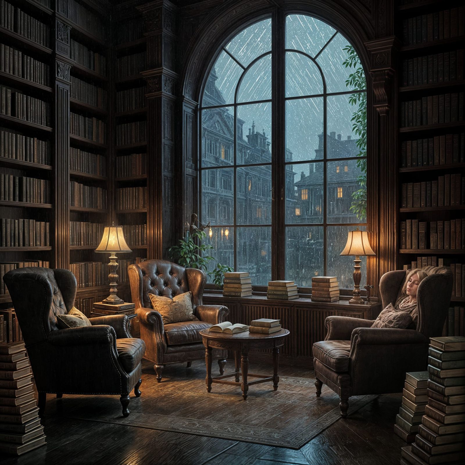 Cozy Dimly Lit Library with Glowing Books