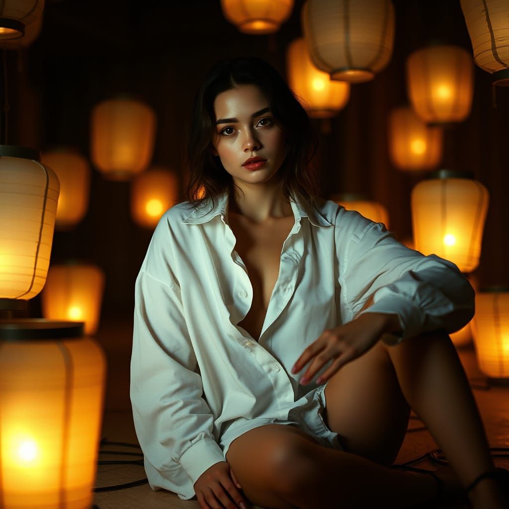 Sensual Woman Amidst Glowing Lanterns