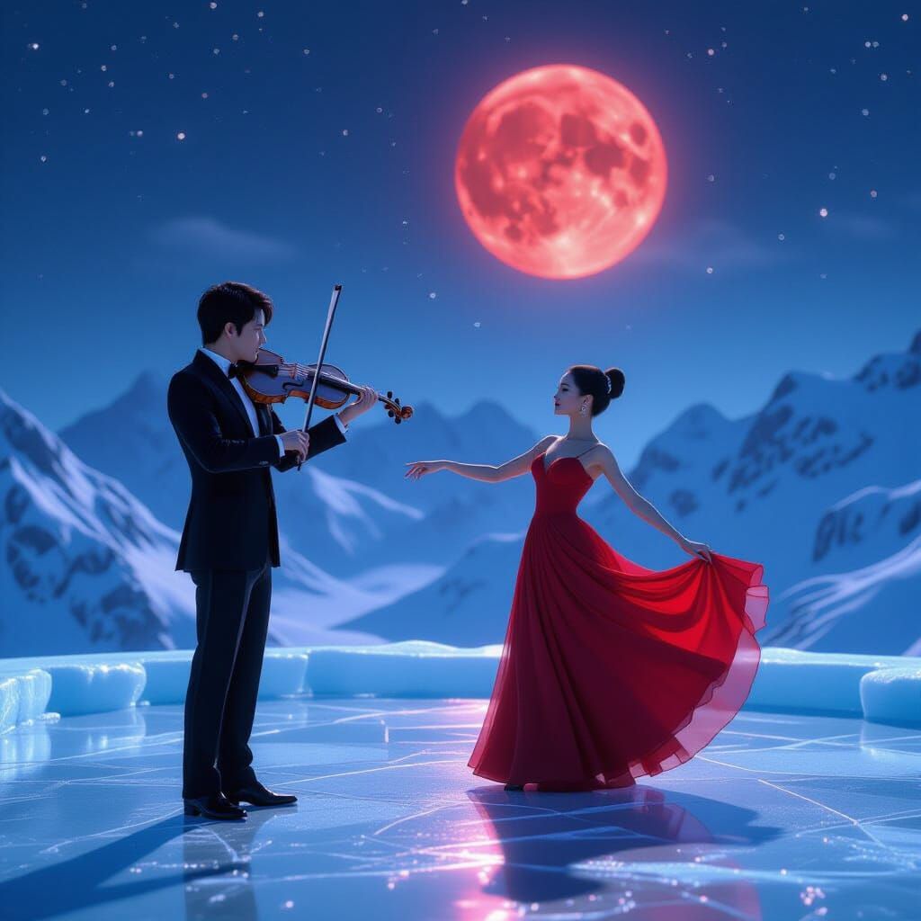 Silver Violinist Above Frozen Valley: 8K 3D Animation