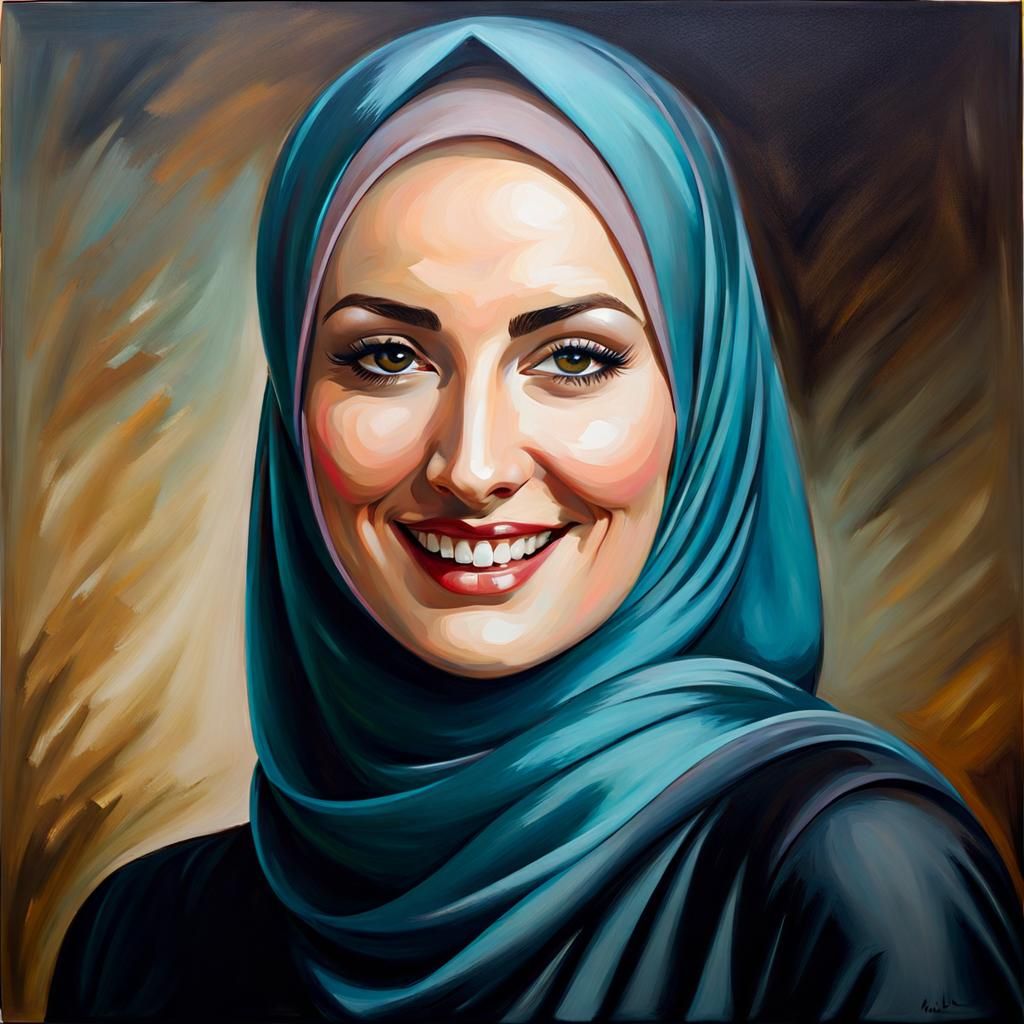 Elegant Portrait of Woman in Hijab as Oil Painting