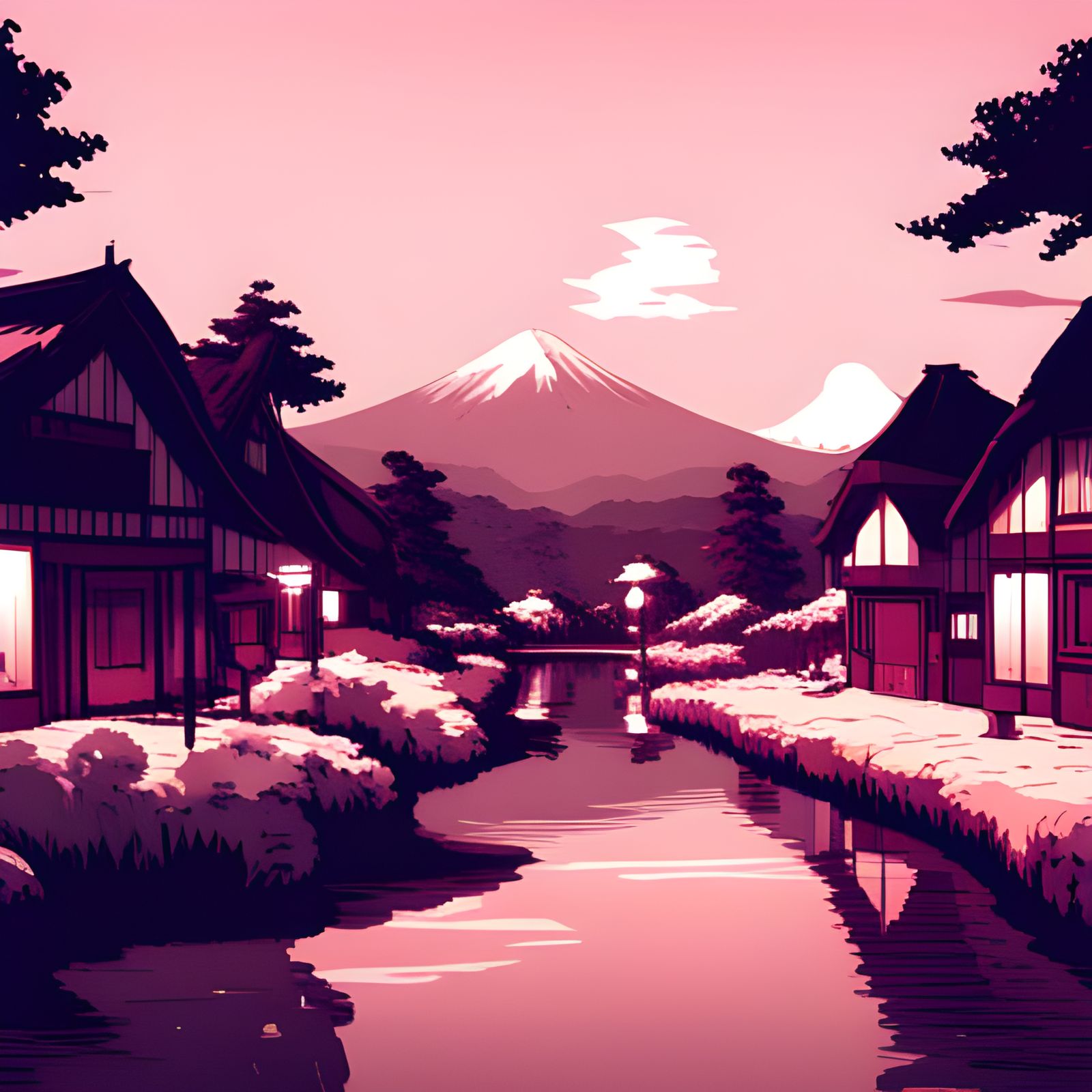 Majestic Countryside Village in Monochromatic 8-bit Style