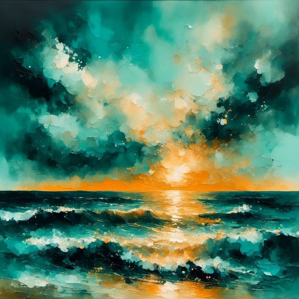 Teal and Orange Sunset Landscape in Impasto Style