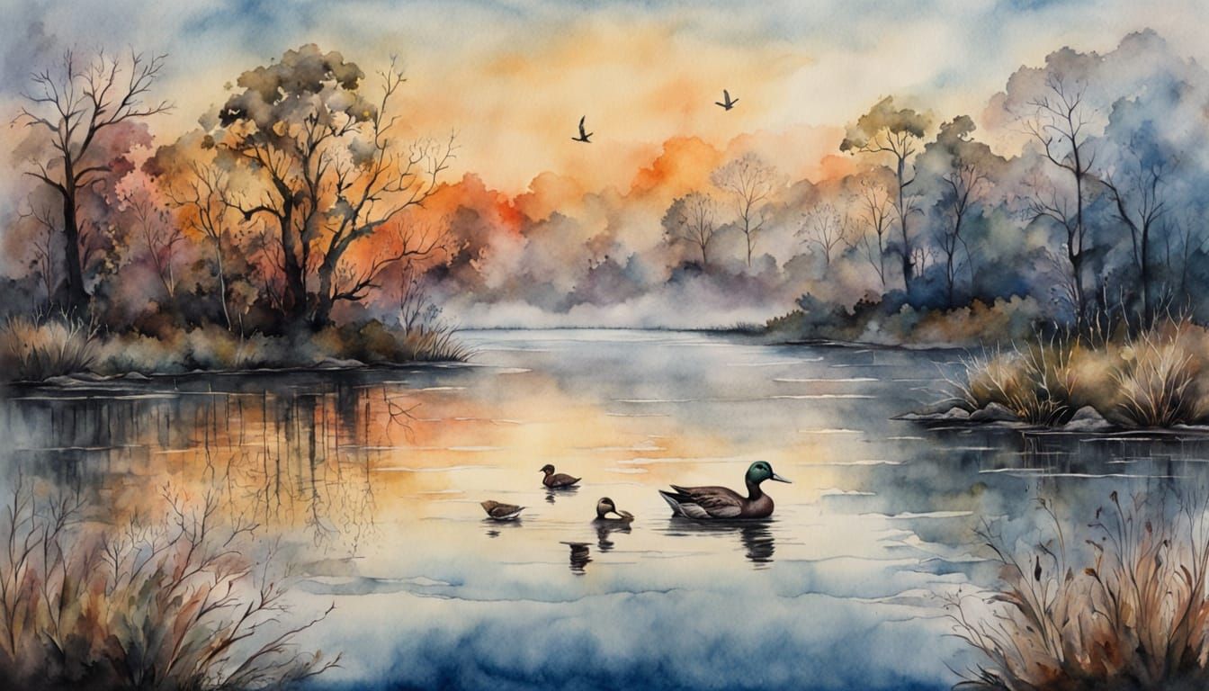 Lone Duck Hunter at Sunrise in Misty Fall Pond