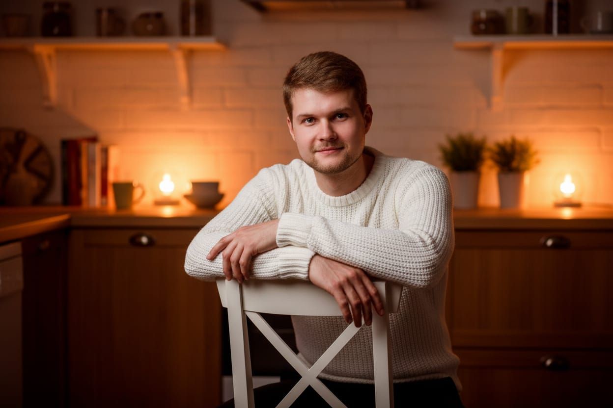 Man in Cozy Kitchen in Soft Bokeh Lighting