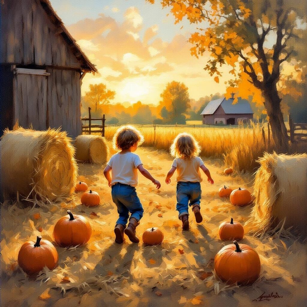 Children Playing in Golden Farm Light, Impressionist Oil Pai...