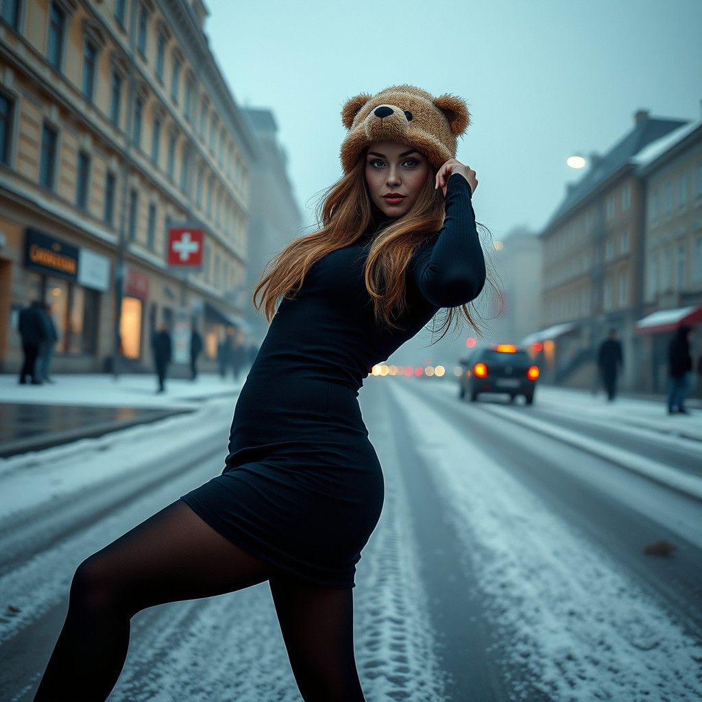 Woman with Bear Hat Posing in Snowy City