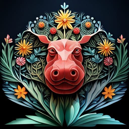 Hippo in Floral Papercraft, Haeckel Style
