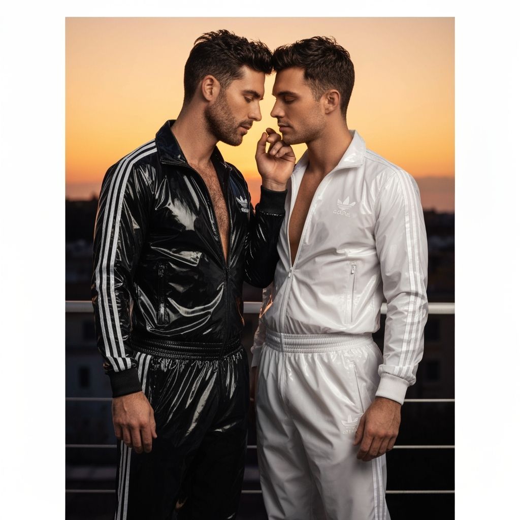 Intimate Portrait of Two Men at Dusk in PVC Tracksuits