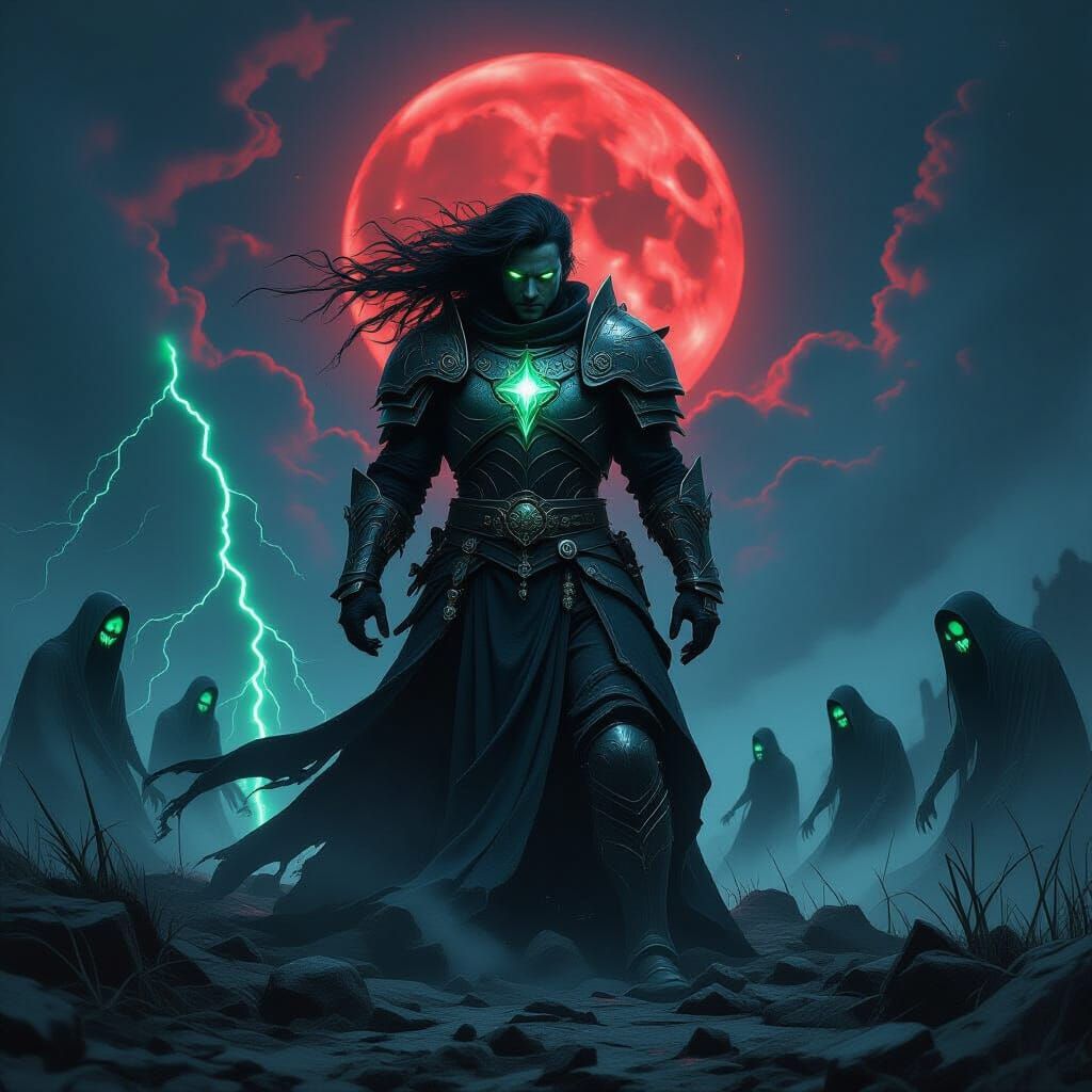 Necromancer Rising Under Blood Moon in Dark Fantasy Style