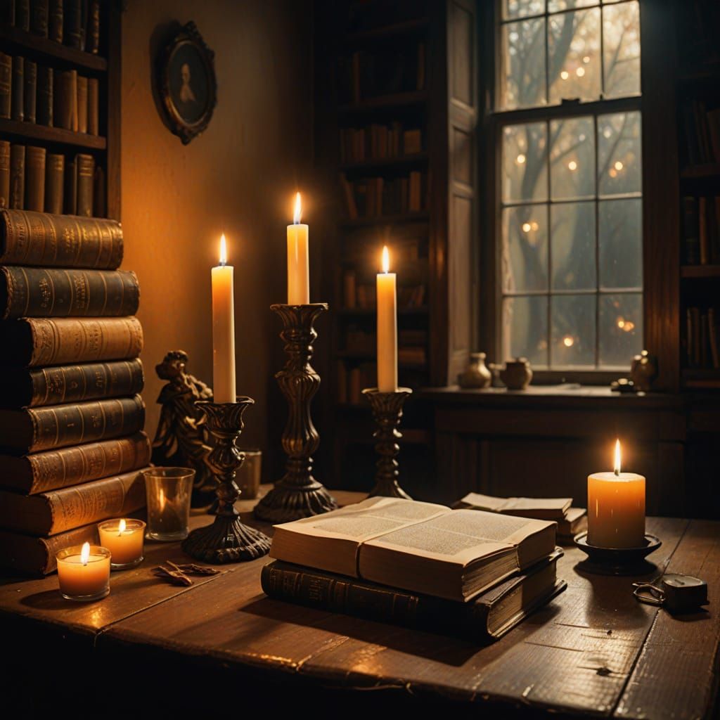 Baroque Candlelit Study with Angel and Old Master Style