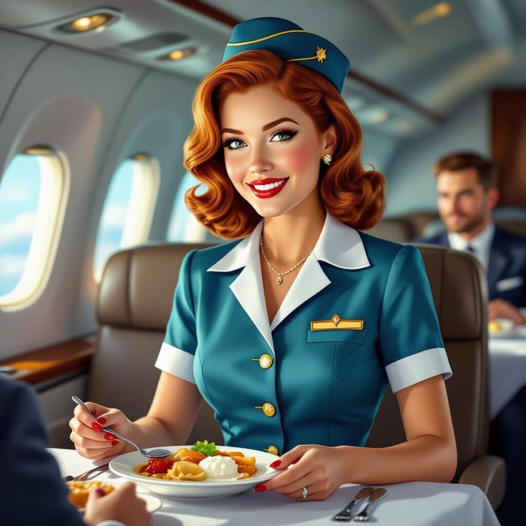 Redhead Stewardess Serving Meals on 1970s Airplane