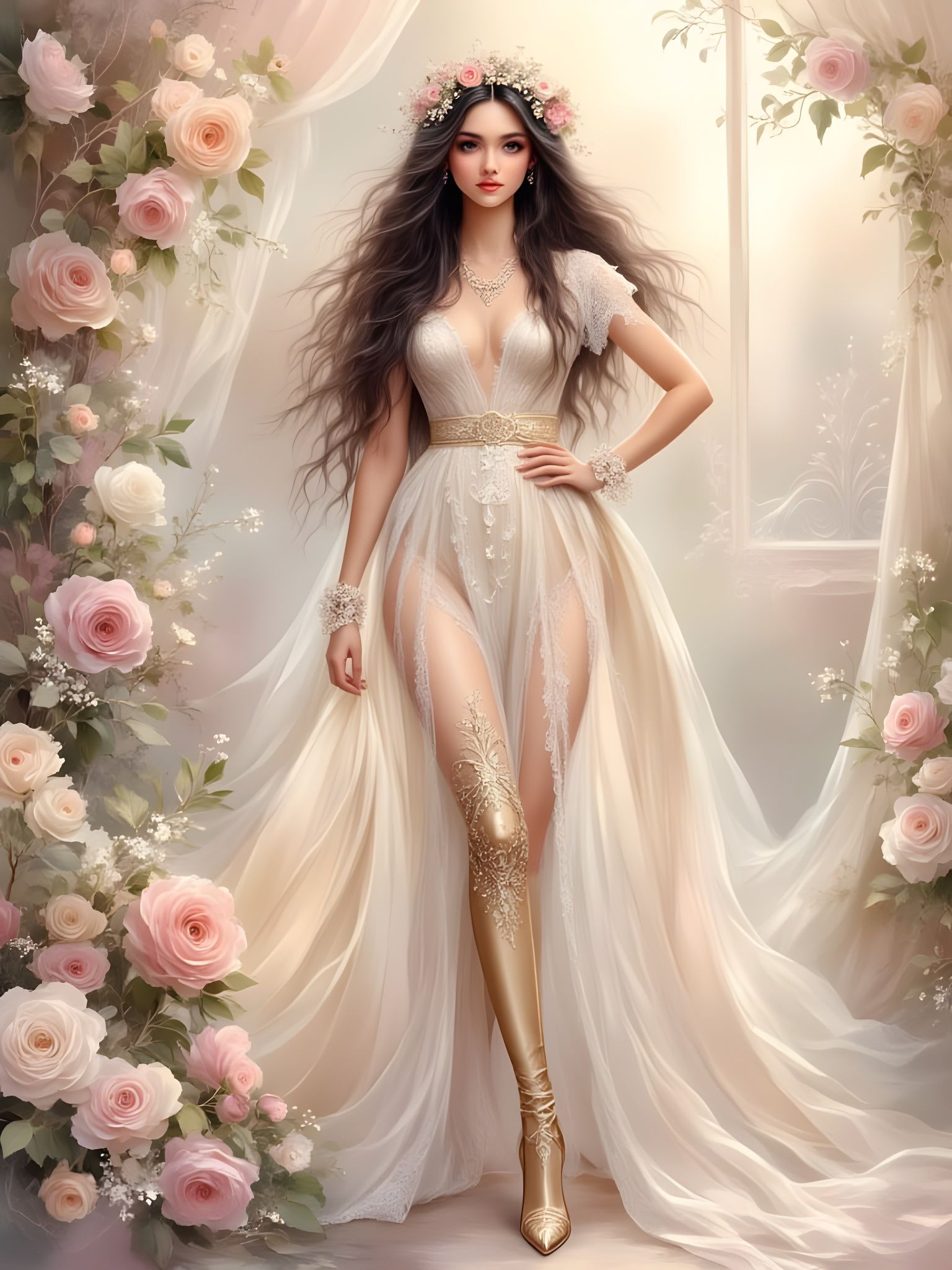 Elegant Woman in White and Gold Lace with Roses