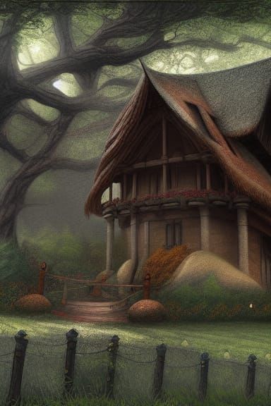 Elf long house contrasting colors detailed painting photorealism matte painting concept art