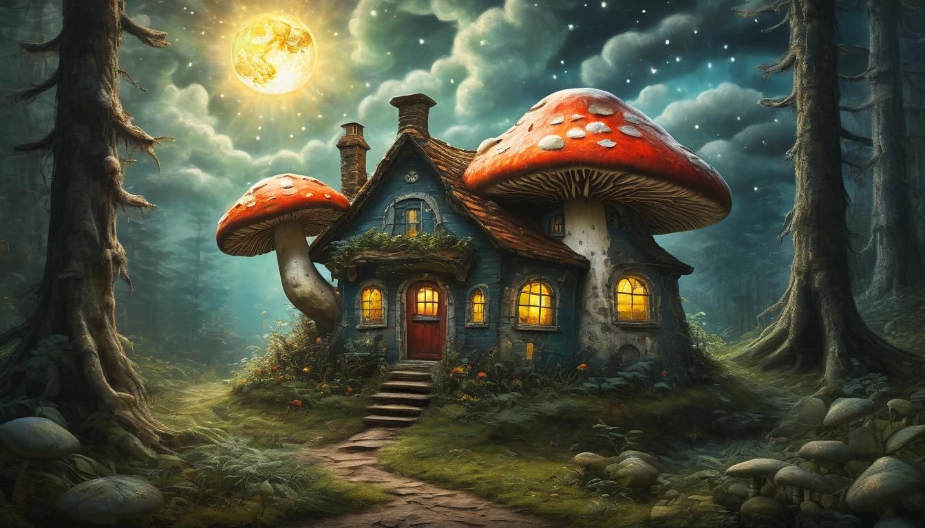Mushroom House in Forest: Vintage Oil Painting