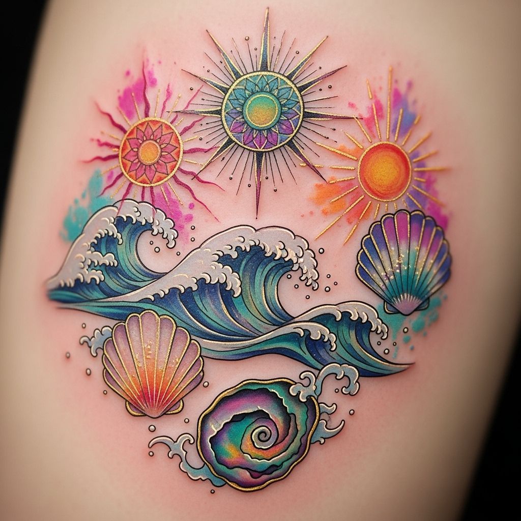 Delicate Sun, Wave, and Seashell Tattoos in Painterly Style