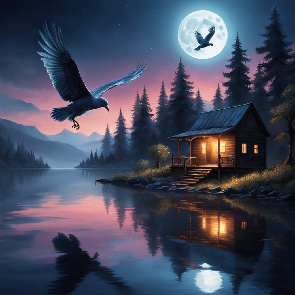 Enchanting Night Lake Oil Painting with Ethereal Moonlight