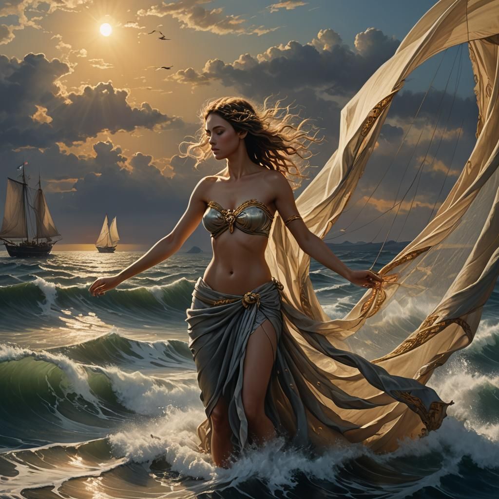 Shipwrecked Nude Woman Adrift in Stormy Seas